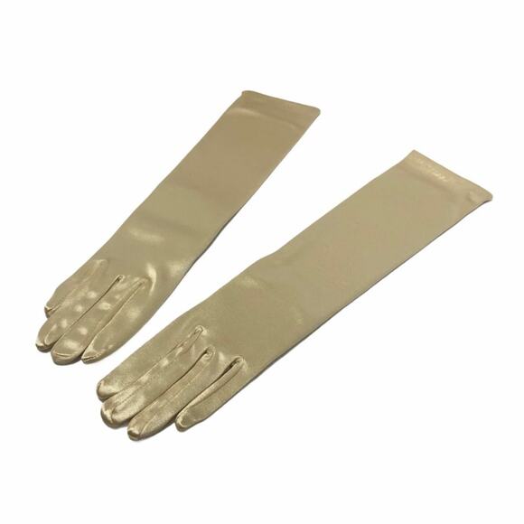 VINTAGE (15" Length) 90's Gold Satin Gloves Stretchy Daytime Wear Elbow D09 - Picture 1 of 4